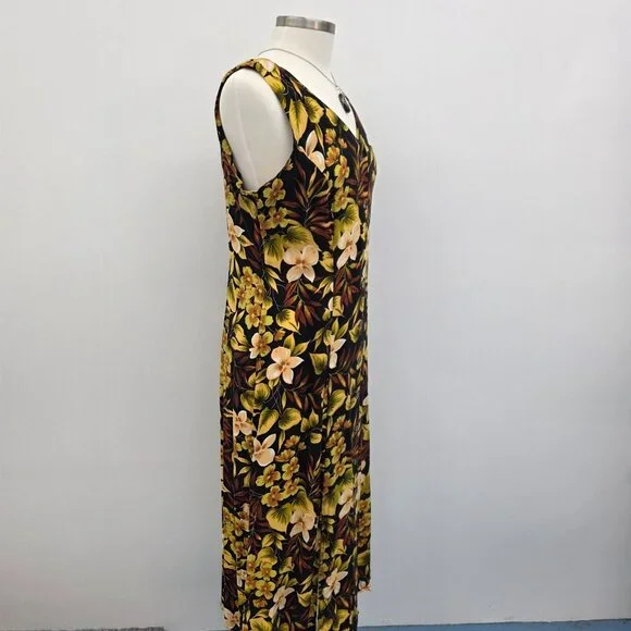 Vtg Scarlett Sleeveless Maxi Dress Womens 14 Black Yellow Hawaiian Floral Y2K - Picture 2 of 13